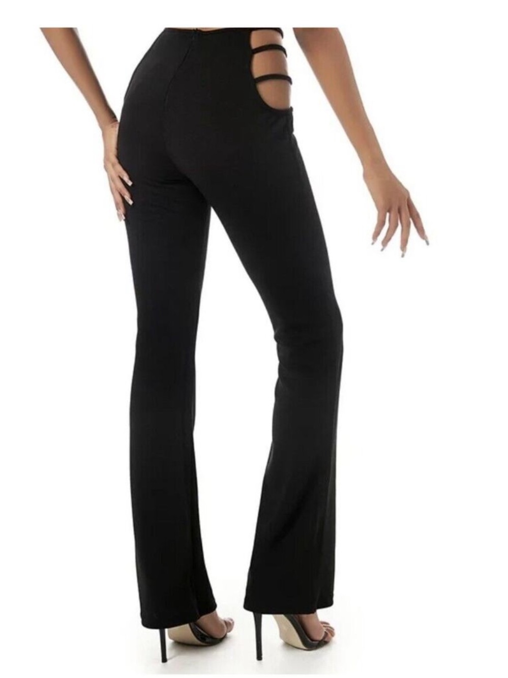 Zaful black open hip strap flare leg stretchy pants size medium NWT